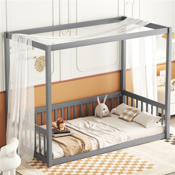 Twin Size Canopy Frame Floor Bed with Fence, Guardrails,Grey