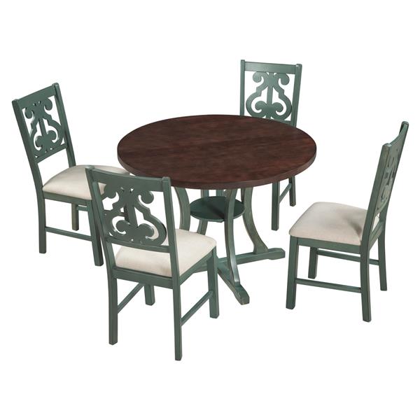 5-Piece Round Dining Table and 4 Fabric Chairs with Special-shaped Table Legs and Storage Shelf (Antique Blue/ Dark Brown)