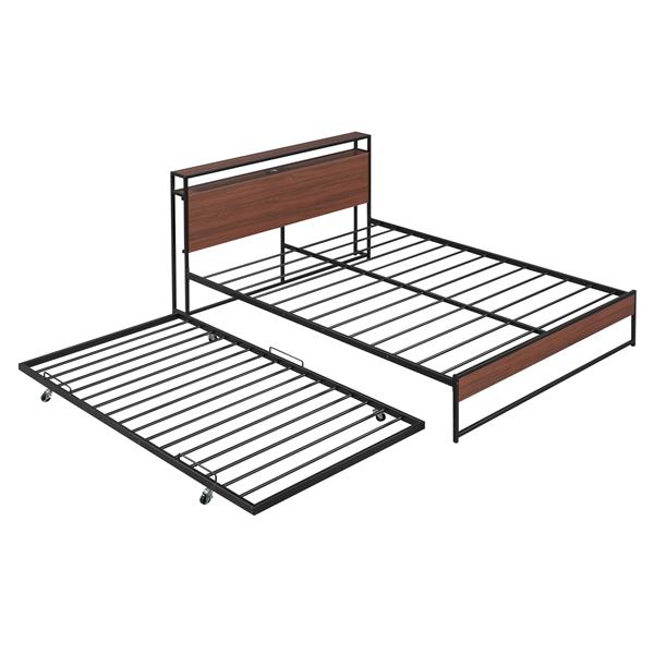 Queen Size Metal Platform Bed Frame with Trundle, USB Ports and Slat Support ,No Box Spring Needed Black