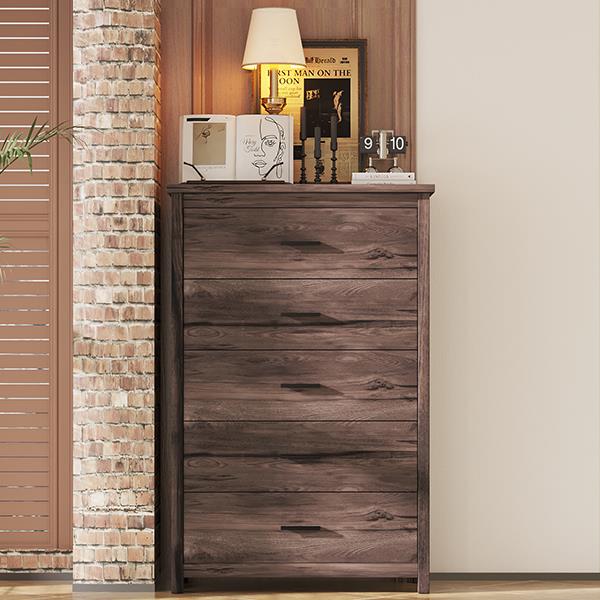 Retro American Country Style Wooden Dresser with 5 Drawer, Storage Cabinet for Bedroom, Dark Walnut