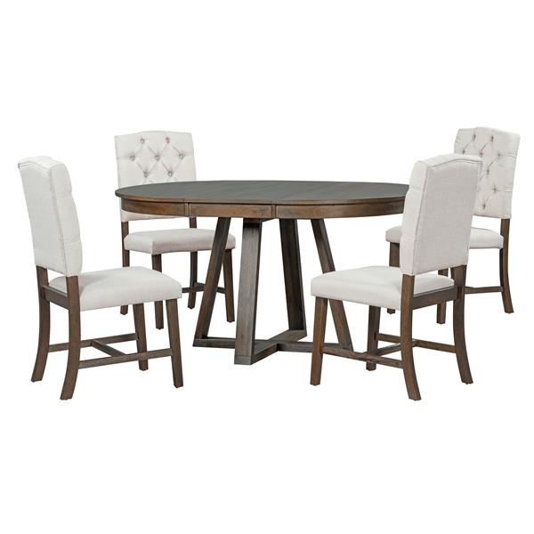 5-Piece Retro Functional Dining Set, Round Table with a 16"W Leaf and 4 Upholstered Chairs for Dining Room and Living Room (Walnut)