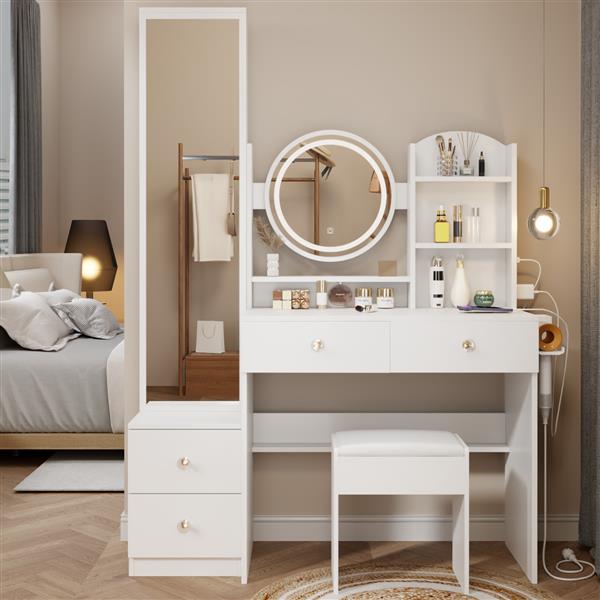 Full Body Mirror Cabinet + Round Mirror LED Vanity Table + Cushioned Stool, With 2 AC + 2 USB Power Station,17" diameter LED Mirror, Touch Control, 3-color, Brightness adjustable, Large desktop