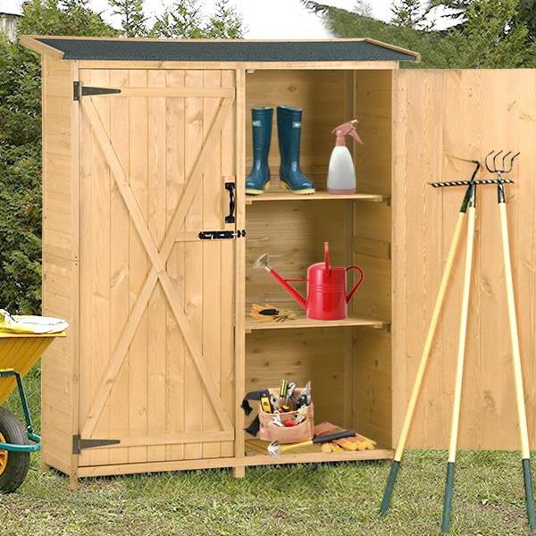 Outdoor 5.3ft Hx4.6ft L Wood Storage Shed Tool Organizer,Garden Shed, Storage Cabinet with Waterproof Asphalt Roof, Double Lockable Doors, 3-tier Shelves for Backyard, Natural