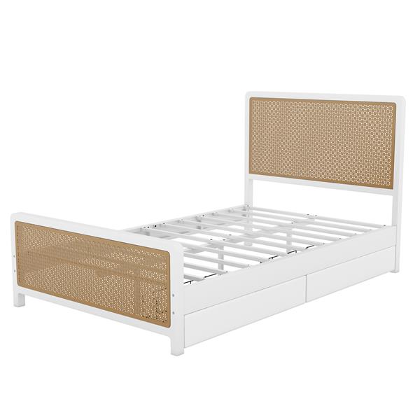 Full Size Metal Platform Bed with 2 Drawers, White