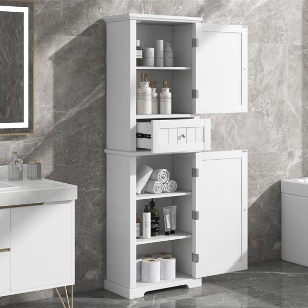 Tall Bathroom Storage Cabinet, Freestanding Storage Cabinet with Drawer and Adjustable Shelf, MDF Board with Painted Finish, White