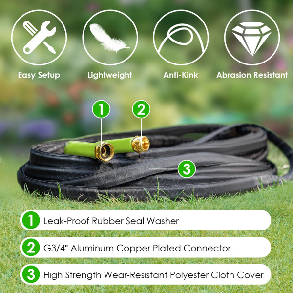 75FT Non-Expandable Garden Hose Kink-Free Lightweight Water Hose Lay Flat Garden Hose with 10 Patterns Hose Nozzle Storage Bag Hanging Hook for Outdoor Watering Car Washing Yard Lawn