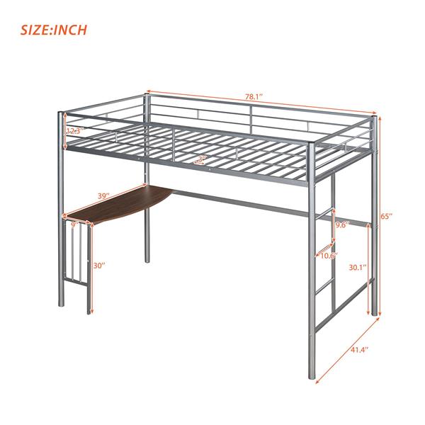 Twin Metal Loft Bed with Desk, Ladder and Guardrails, Loft Bed for Bedroom, Silver