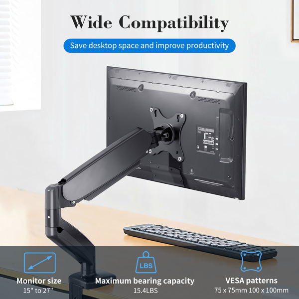 The monitor arm is adjustable for desktop mount and fits 15-27 inch monitors with weight capacities up to 15.4 pounds, black 