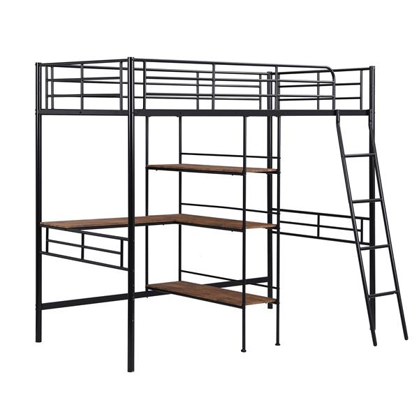 Twin Size Metal Loft Bed and Built-in Desk and Shelves,Black