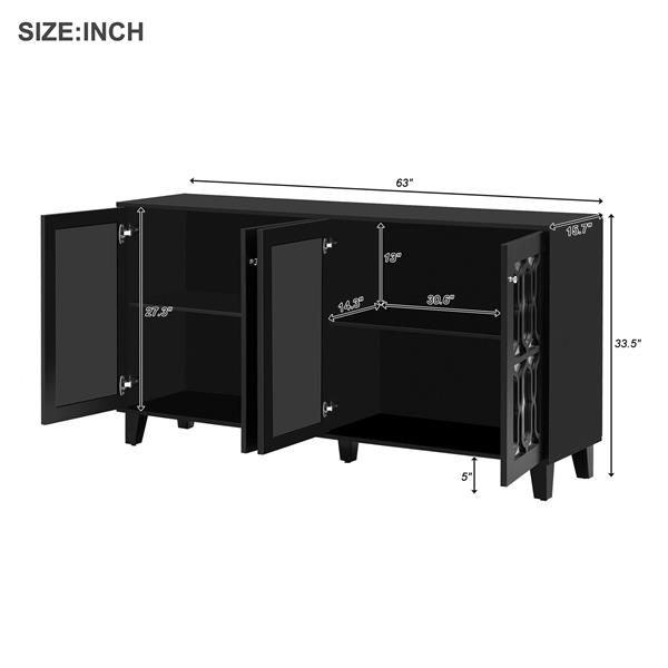 Buffet Cabinet with Adjustable Shelves, 4-Door Mirror Hollow-Carved TV stand for TVs Up to 70'', Multi-functional Console Table with Storage Credenza Cabinet for Living Room, Black