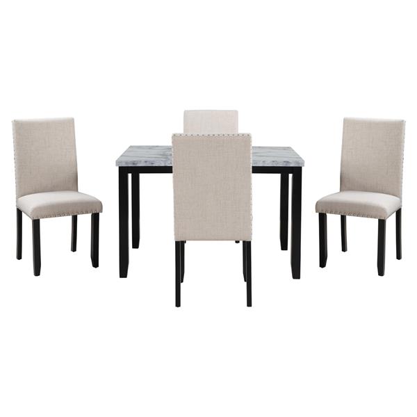 Faux Marble 5-Piece Dining Set Table with 4 Thicken Cushion Dining Chairs Home Furniture, White/Beige+Black