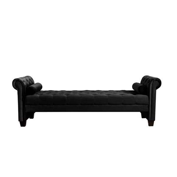 Black,  Solid Wood Legs Velvet Rectangular Sofa Bench with Attached Cylindrical Pillows 