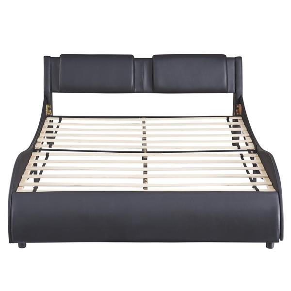 Full Size Upholstered Faux Leather Platform Bed with LED Light Bed Frame with Slatted - Black