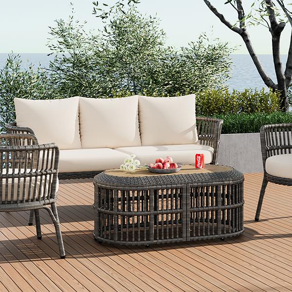 4-Piece Rattan Outdoor Patio Conversation Set with Seating Set for 5 and Coffee Table for Porch, Backyard and Garden (Grey)