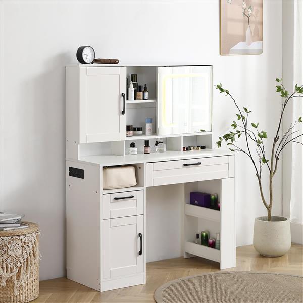 Vanity table with large sliding lighted mirror, dressing table with 2 drawers, storage shelves and upholstered stool, white color