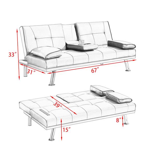 67" Red Leather Multifunctional Double Folding Sofa Bed for Office with Coffee Table