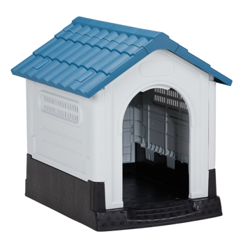 26 inch Plastic Dog House, Indoor Outdoor Doghouse Pet House with Air Vents and Elevated Floor, Insulated Water Resistant Puppy Shelter Kennel for Small Dogs, Blue & White