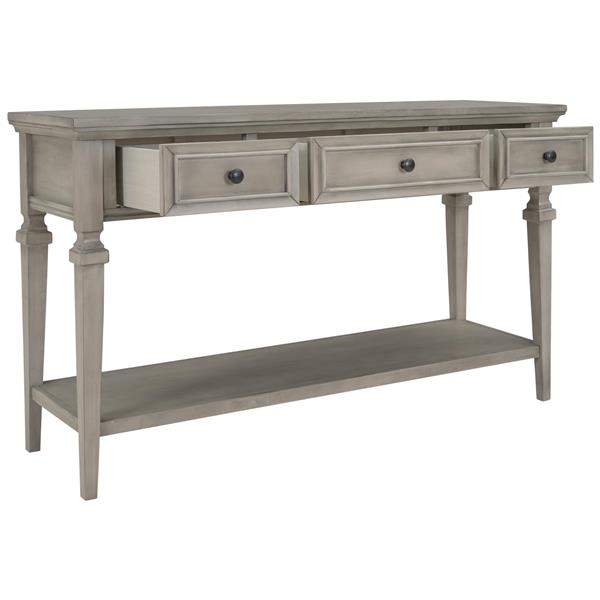 Classic Retro Style Console Table with Three Top Drawers and Open Style Bottom Shelf, Easy Assembly (Gray Wash)