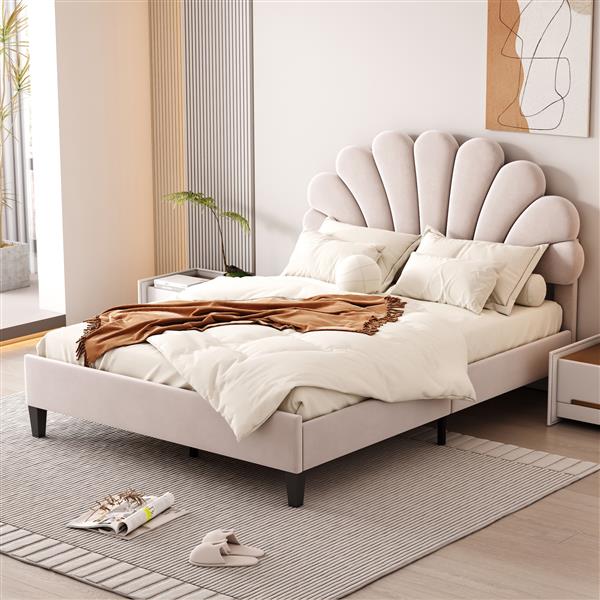 Full Size Upholstered Platform Bed with Flower Pattern Velvet Headboard, Beige