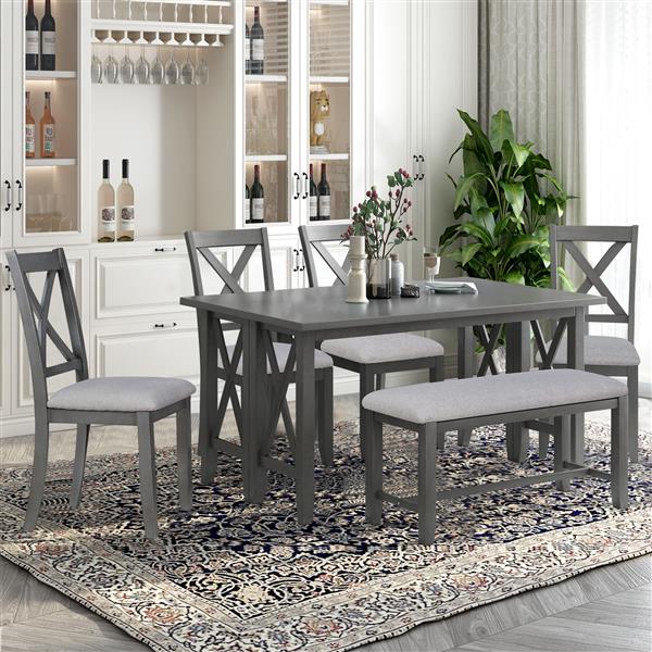 6-Piece Family Dining Room Set Solid Wood Space Saving Foldable Table and 4 Chairs with Bench for Dining Room (Gray)