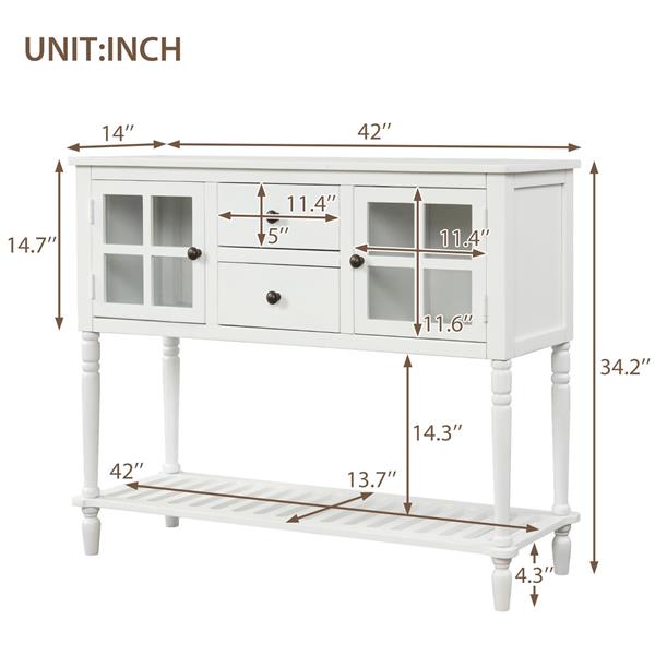 Sideboard Console Table with Bottom Shelf, Farmhouse Wood/Glass Buffet Storage Cabinet Living Room (White)