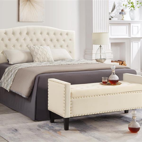 Upholstered Tufted Button Storage Bench with nails trim,Entryway Living Room Soft Padded Seat with Armrest,Bed Bench - Cream