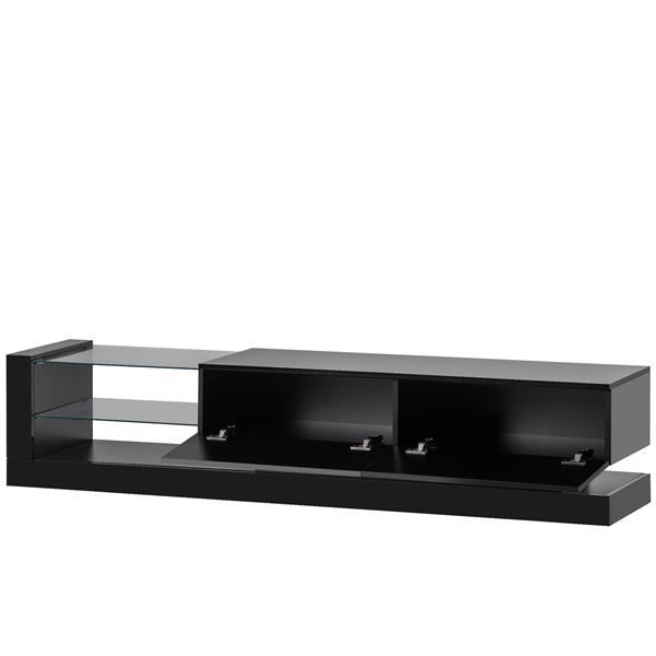 TV Stand with Two Media Storage Cabinets Modern High Gloss Entertainment Center for 75 Inch TV, 16-color RGB LED Color Changing Lights for Living Room, Black