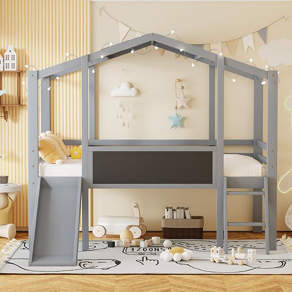 Twin Size Loft Bed with Ladder and Slide, House Bed with Blackboard and Light Strip on the Roof, Gray