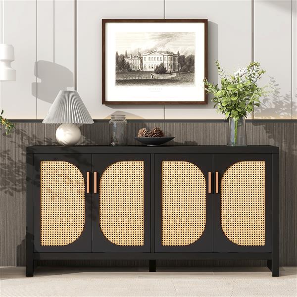 Modern TV Stand for 65-inch TV with Rattan Doors, Adjustable Shelves and Metal Handles for Living Room, Black