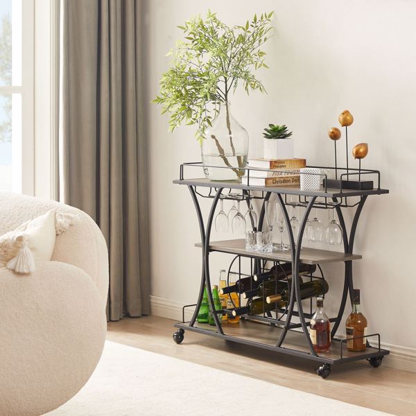 Painted Bar Cart, With Wine Rack And Glass Holder, For Kitchen, Serving, Hotel, Black