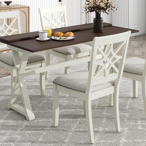 5-Piece 62*35.2inch Extendable Rubber Wood Dining Table Set with X-shape Legs,Console Table with Two 8.8Inch-Wide Flip Lids and Upholstered Dining Chairs ,Beige