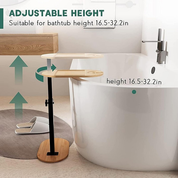 Adjustable height bamboo bathtub tray table, freestanding bathtub caddy tray for wall mounted bathtubs, bathtub side table for luxurious bathtubs, family hydrotherapy, and home heating