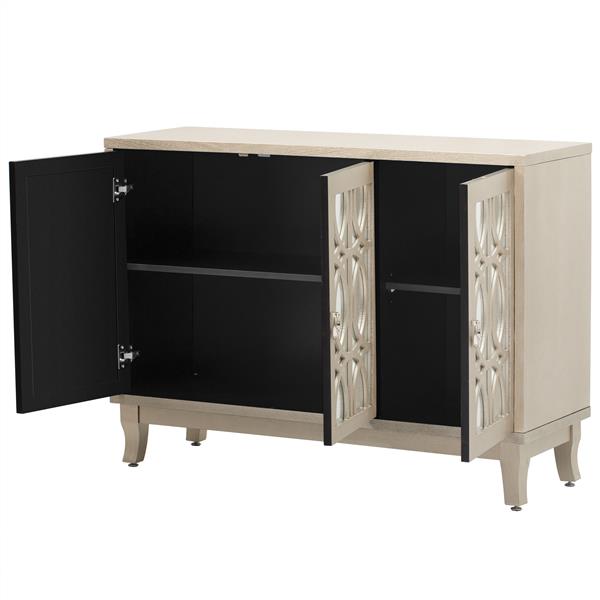 Sideboard with Glass Doors, 3 Door Mirrored Buffet Cabinet with Silver Handle for Living Room, Hallway, Dining Room (Champagne ld)