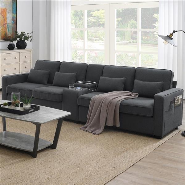 [VIDEO provided] [New] 114.2" Upholstered Sofa with Console, 2 Cupholders and 2 USB Ports Wired or Wirelessly Charged, Modern Linen Fabric Couches with 4 Pillows for Living Room, Apartment (4-Seat)