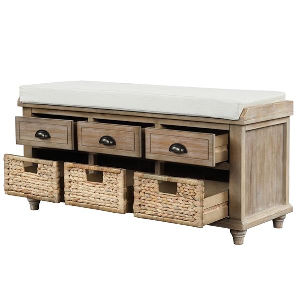 Rustic Storage Bench with 3 Drawers and 3 Rattan Baskets, Shoe Bench for Living Room, Entryway (White Washed)