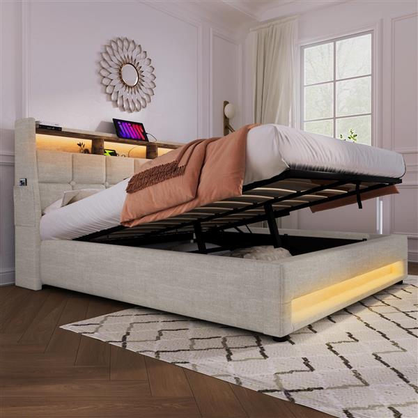 Full size Upholstered Platform bed with a Hydraulic Storage System, LED and USB Charging, Natural (without mattress)