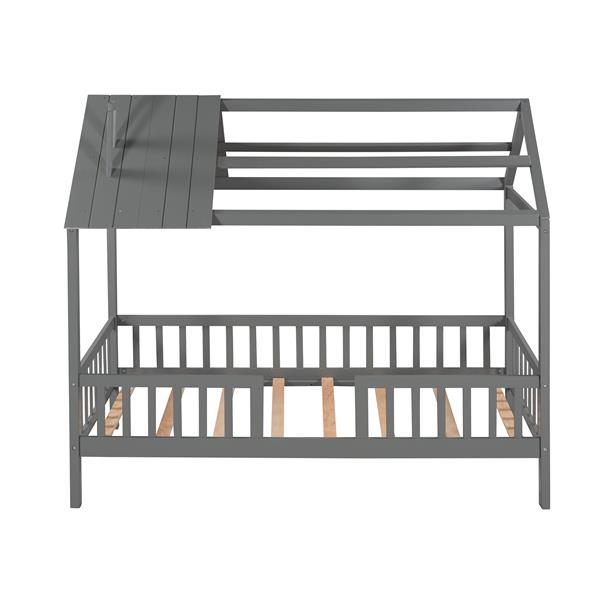 Twin Size Wood House Bed with Fence, Gray