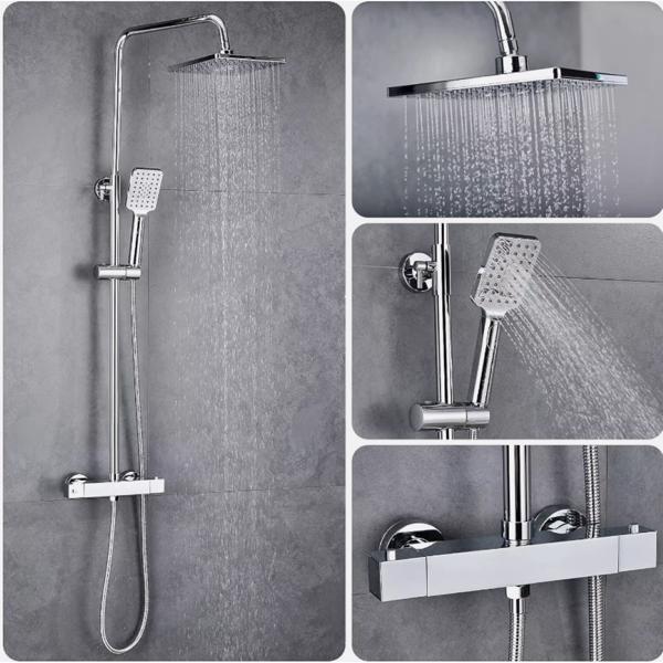 Bathroom Thermostatic Exposed Shower Mixer Twin head Large Square Bar Set Chrome