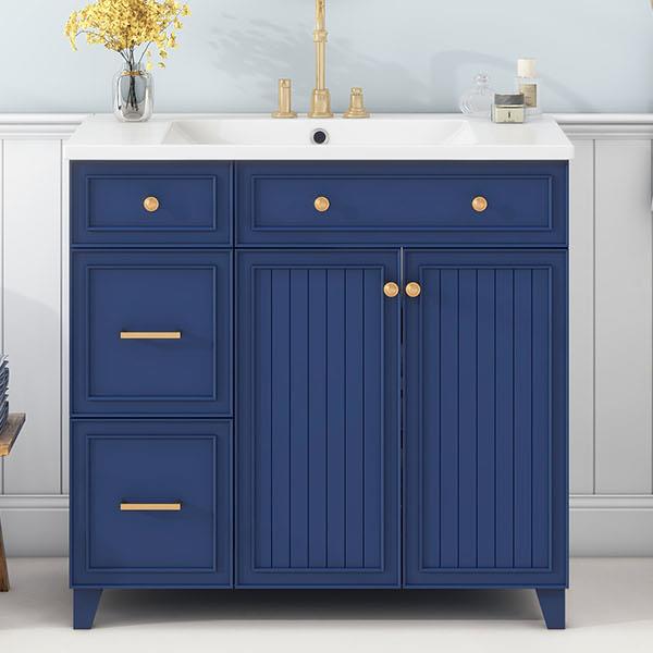 36-inch Bathroom Vanity, Transitional Style Bathroom Cabinet with Resin Sink, Navy Blue Single Bathroom Cabinet, with 2 Drawers and 1 Adjustable Storage Shelf, 2 Soft-close Doors