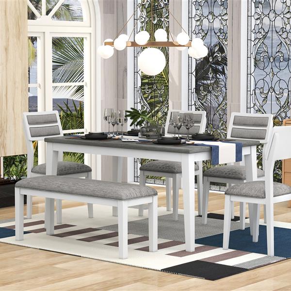 Classic and Traditional Style 6 - Piece Dining Set, Includes Dining Table, 4 Upholstered Chairs & Bench (White+Gray)