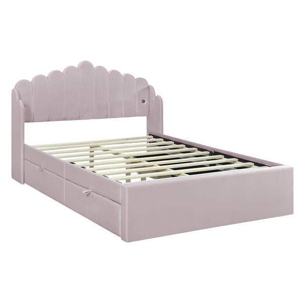 Full Size Upholstered Platform Bed with 4 Drawers and 2 USB, Pink