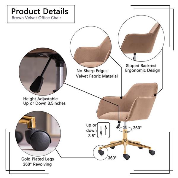 002-Velvet Fabric Adjustable Height 360 revolving Home Office Chair with ld Metal Legs and Universal Wheels for Indoor,Light Coffee