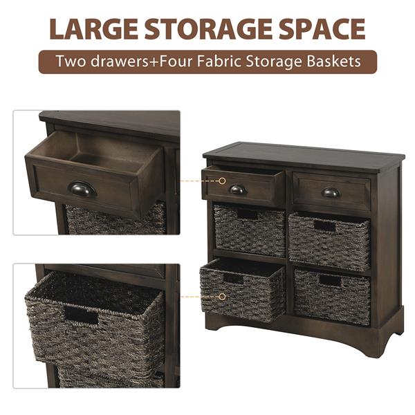 Rustic Storage Cabinet with Two Drawers and Four  Classic Rattan Basket for Dining Room/Living Room (Brown Gray)