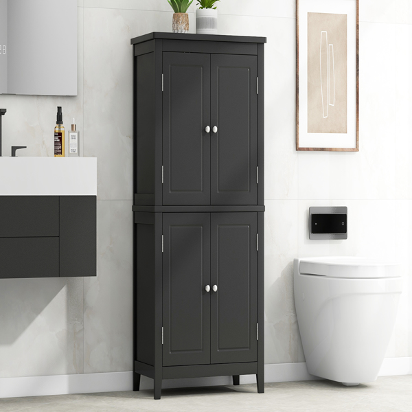 Elegant Bathroom Floor Storage Cabinet, Bathroom Storage Unit, Freestanding Cabinet with 4 Doors, Adjustable Shelves, Adaptable Shelves, Black 