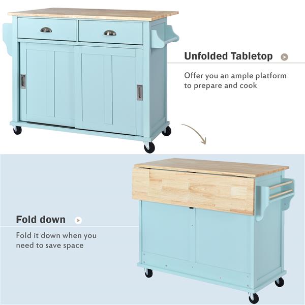 Kitchen Cart with Rubber wood Drop-Leaf Countertop, Concealed sliding barn door adjustable height,Kitchen Island on 4 Wheels with Storage Cabinet and 2 Drawers,L52.2xW30.5xH36.6 inch, Mint Green