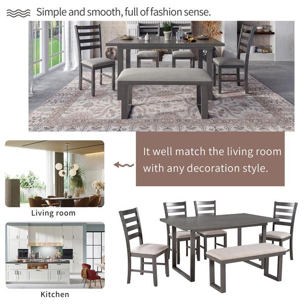 6-Pieces Family Furniture, Solid Wood Dining Room Set with Rectangular Table & 4 Chairs with Bench(Gray)