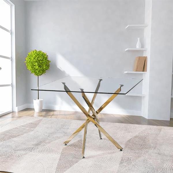 Contemporary Square Clear Dining Tempered Glass Table with Gold Finish Stainless Steel Legs