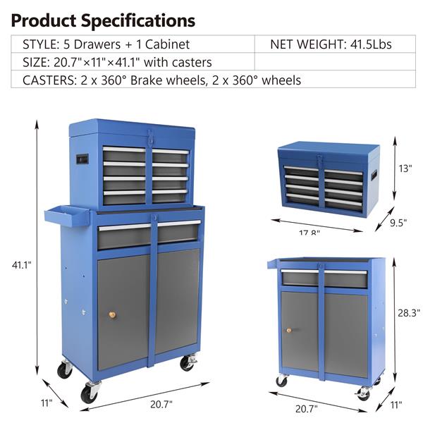 Tool Chest, 5-Drawer Rolling Tool Storage Cabinet with Detachable Top Tool Box, Liner, Universal Lockable Wheels, Adjustable Shelf, Locking Mechanism, Metal Tool Cart for Garage Workshop