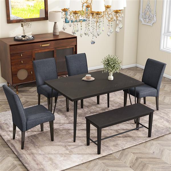 Modern 6-Piece Dining Table Set with V-Shape Metal Legs, Wood Kitchen Table Set with 4 Upholstered Chairs and Bench for 6,Espresso