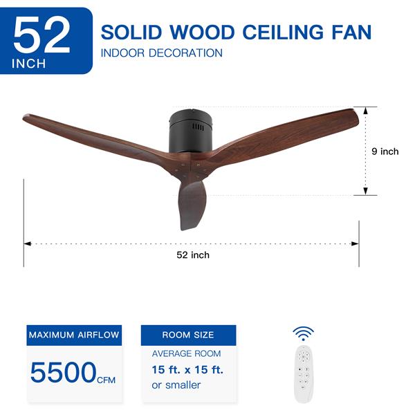 52 In.Solid Wood Blade Low Profile Ceiling Fan without Light